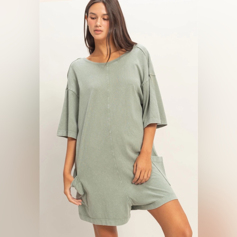 Double Zero Oversized Sage Green Short Sleeve Romper NWOT
